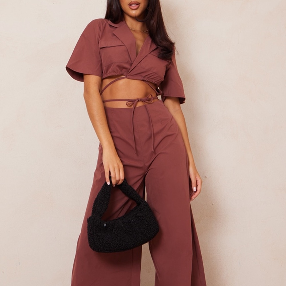 Chocolate short sleeve tie waist jumpsuit - Picture 3 of 9